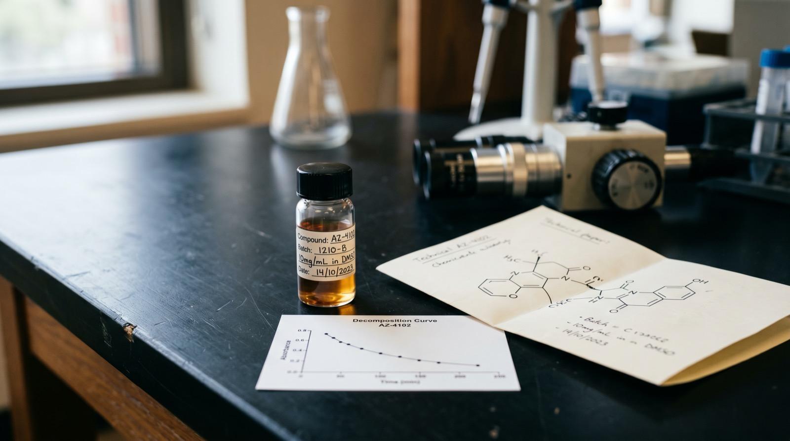 Glass vial of amber liquid on a dark laboratory bench beside a folded technical paper showing a small molecule chemical structure and a printed downward-trending graph