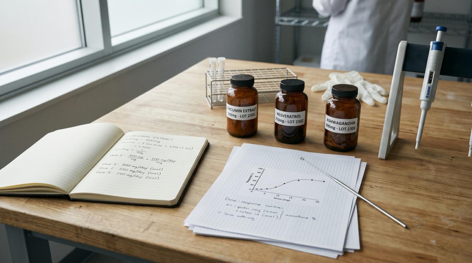 Overhead view of a clinical research bench showing labeled amber supplement bottles, a dose-response curve printout, and a notebook with handwritten mg/day annotations