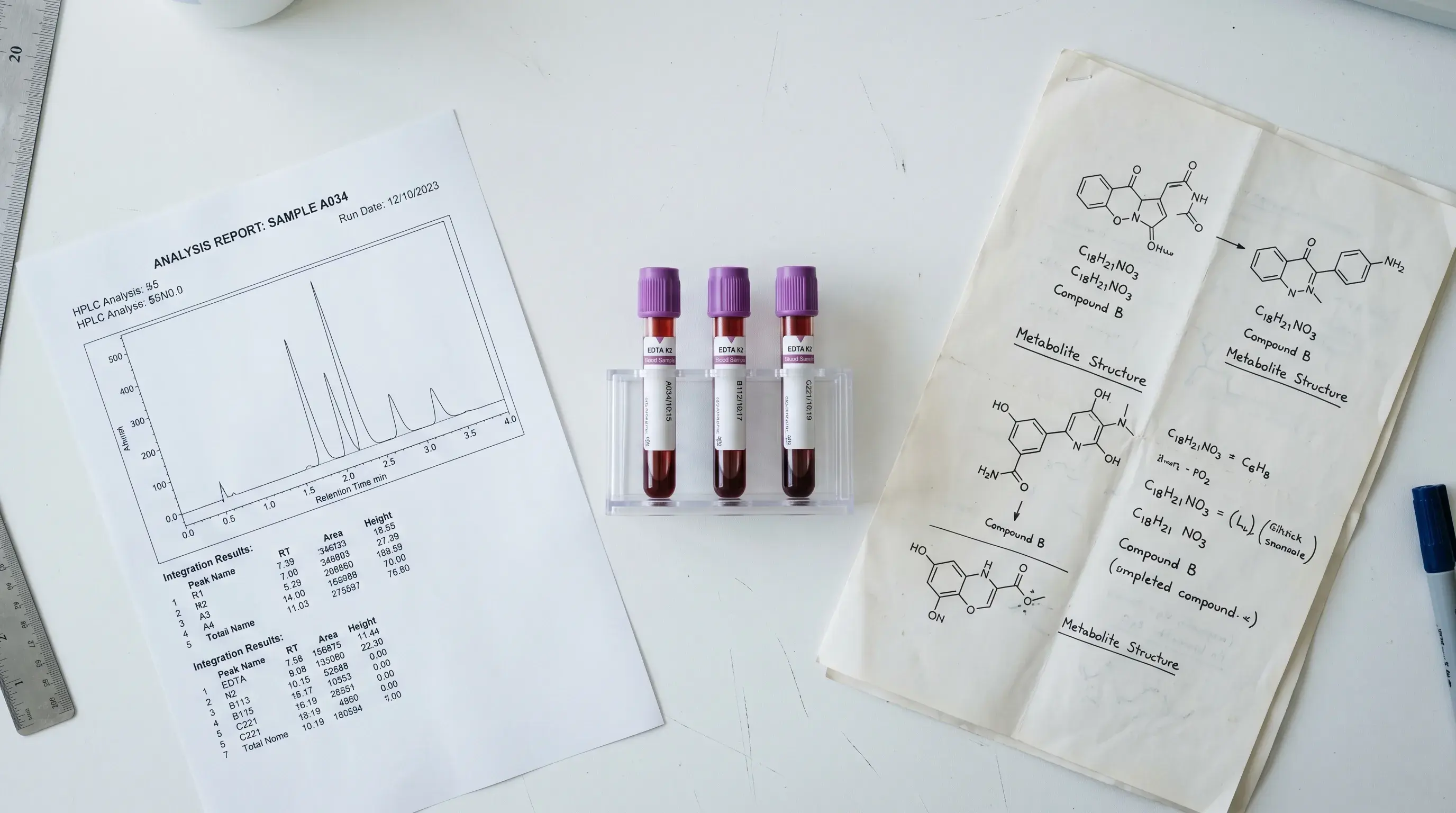 Overhead view of three EDTA blood collection tubes on a white laboratory bench beside a folded printout of an analytical chromatogram and a chemical structure diagram