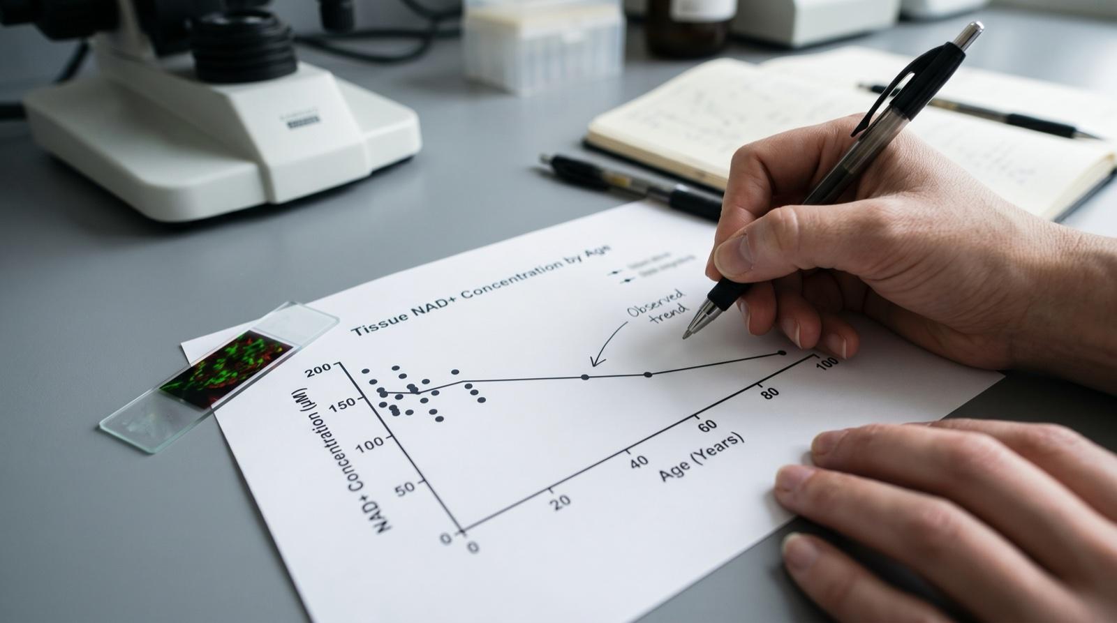Close-up of a researcher's hands annotating an age-stratified tissue NAD+ concentration chart next to a fluorescence microscope slide