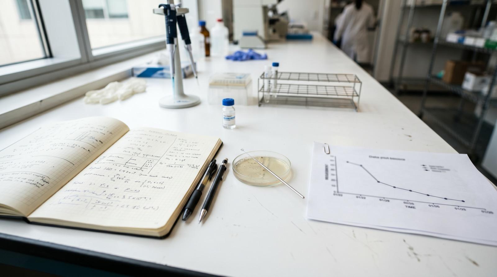 Overhead view of a research desk with handwritten notes, petri dish, and a declining-curve graph printout