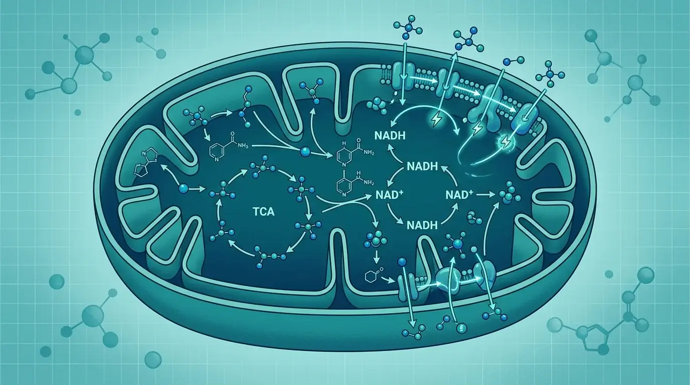 Scientific illustration of mitochondria with molecular pathways in teal blue tones representing cellular energy dysfunction in post-viral fatigue