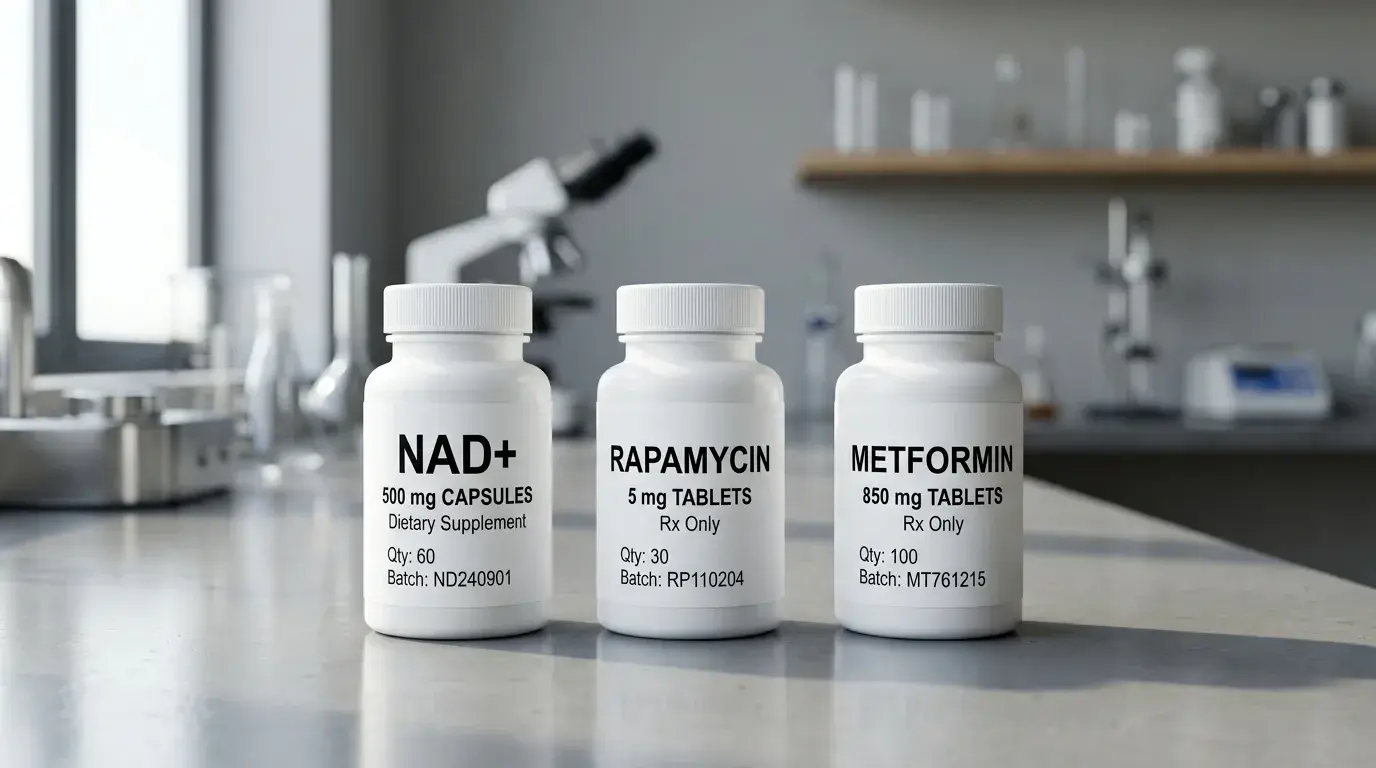 Three labeled amber pharmacy bottles on a laboratory bench, labels reading NAD+, rapamycin, and metformin, in a clinical research setting