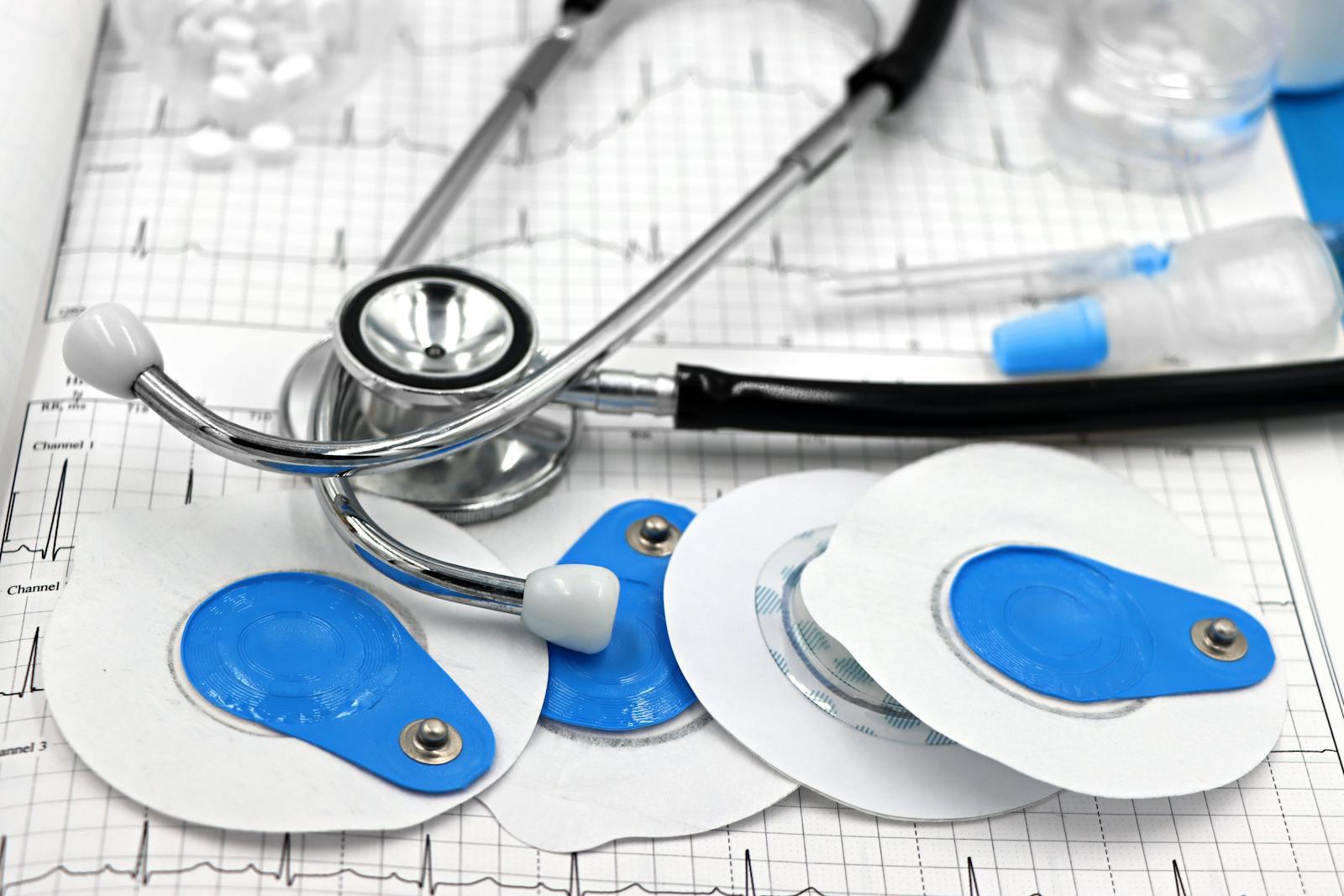 Medical instruments resting on a printed electrocardiogram tracing — clinical cardiology research imagery