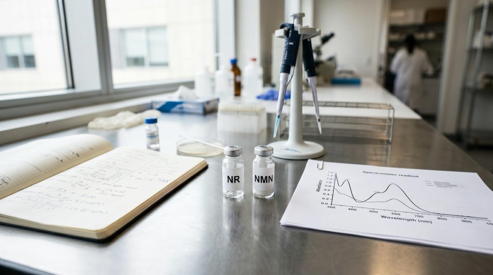 Two labeled glass vials labeled NR and NMN on a laboratory bench next to a pipette and a printed spectrometer readout