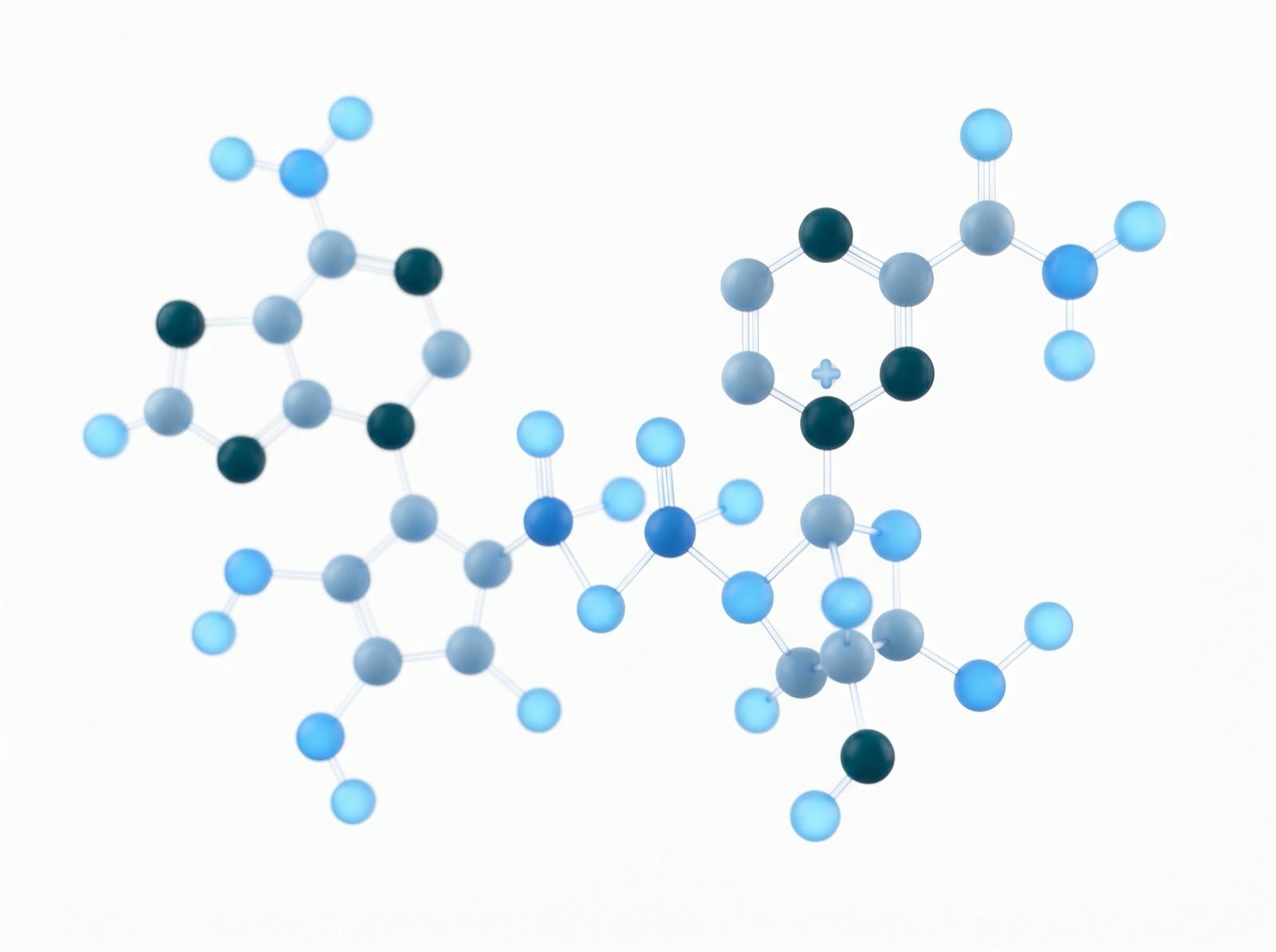 Abstract 3D rendering of a NAD+ coenzyme molecular structure with interconnected atomic spheres